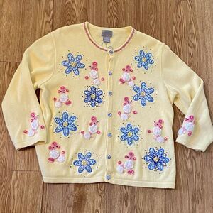Berek Sweater Women's Sz M Poodles Dogs W Patterned Flowers VTG Button Front